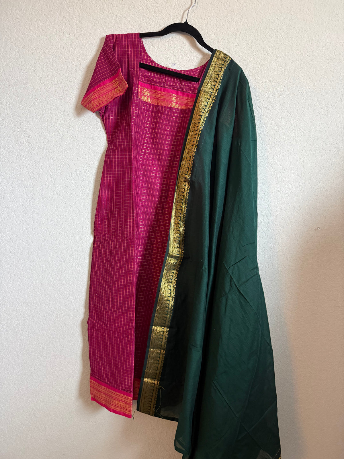 Pink with Green Handloom Checks Top and Dupatta Set
