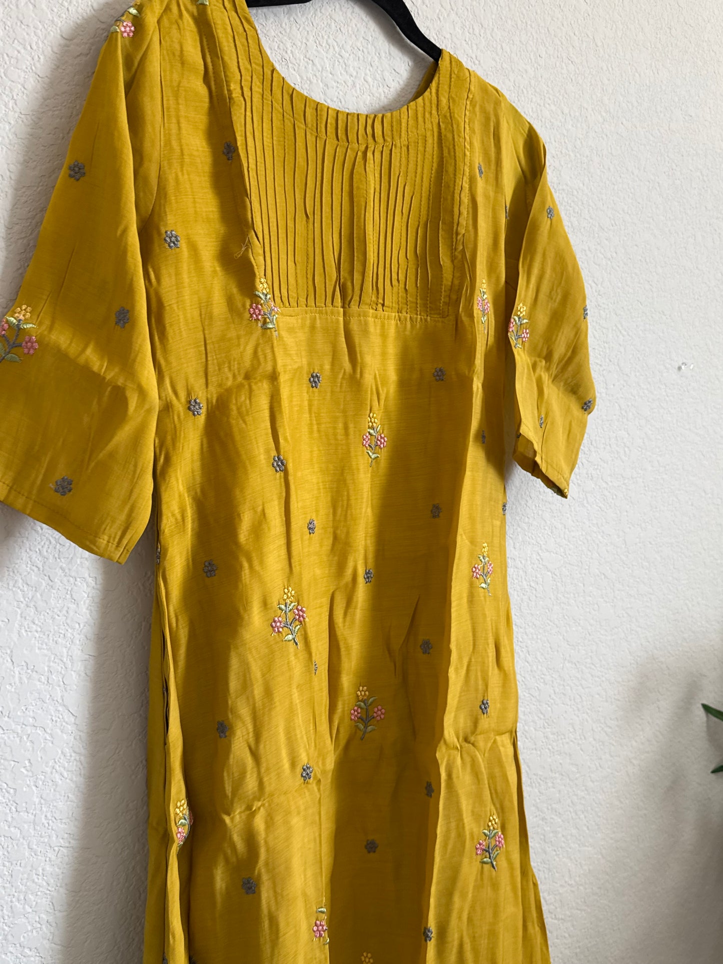 Yellow Floral Embroidered Mul Chanderi A-line Kurti