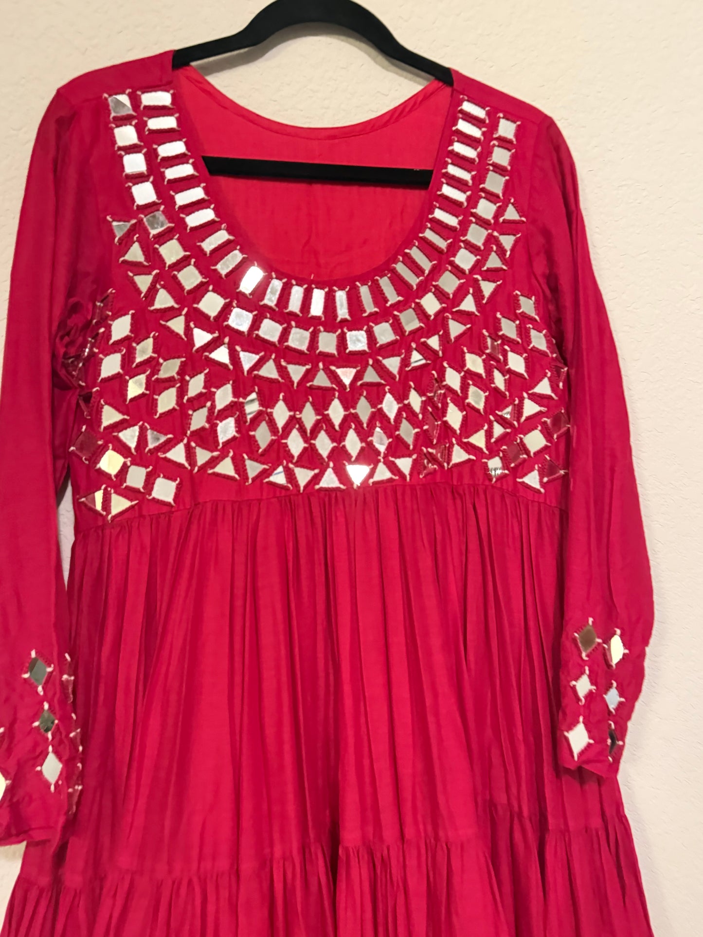 Pink Handwork Mirror Work Heavy Flared Anarkali Long Dress