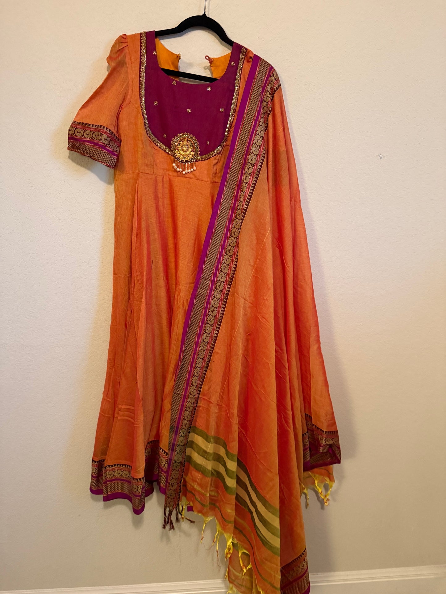 Orange Narayanpet Maggam Work Anarkali with Dupatta