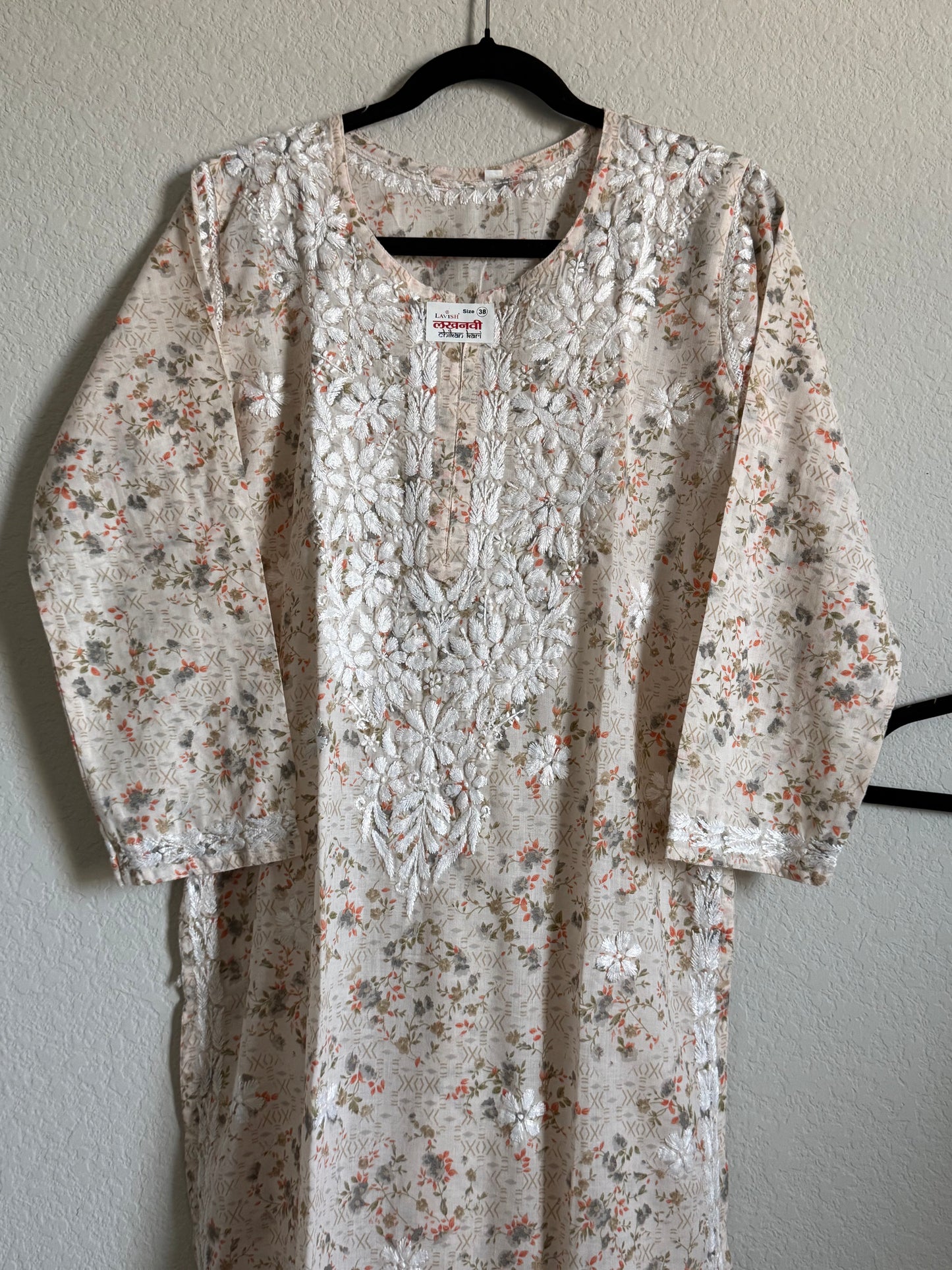 Orange Floral Printed Cotton Chikankari Coord Set - Top with Palazzo