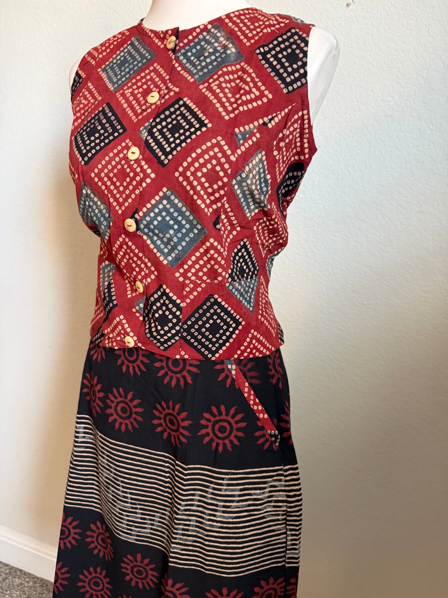 Maroon and Black Cotton Top with Cotton Skirt