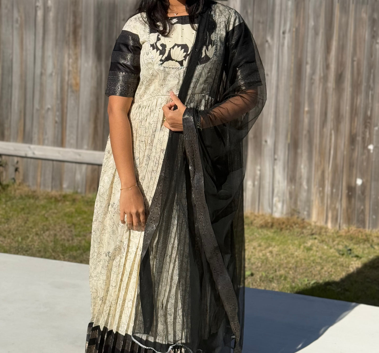 Black and white pichwai kalamkari pleated anarkali with net dupatta