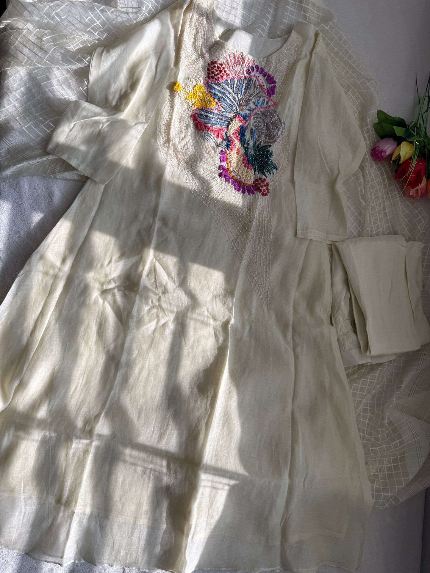 Pure mul chanderi ivory shade designer suit