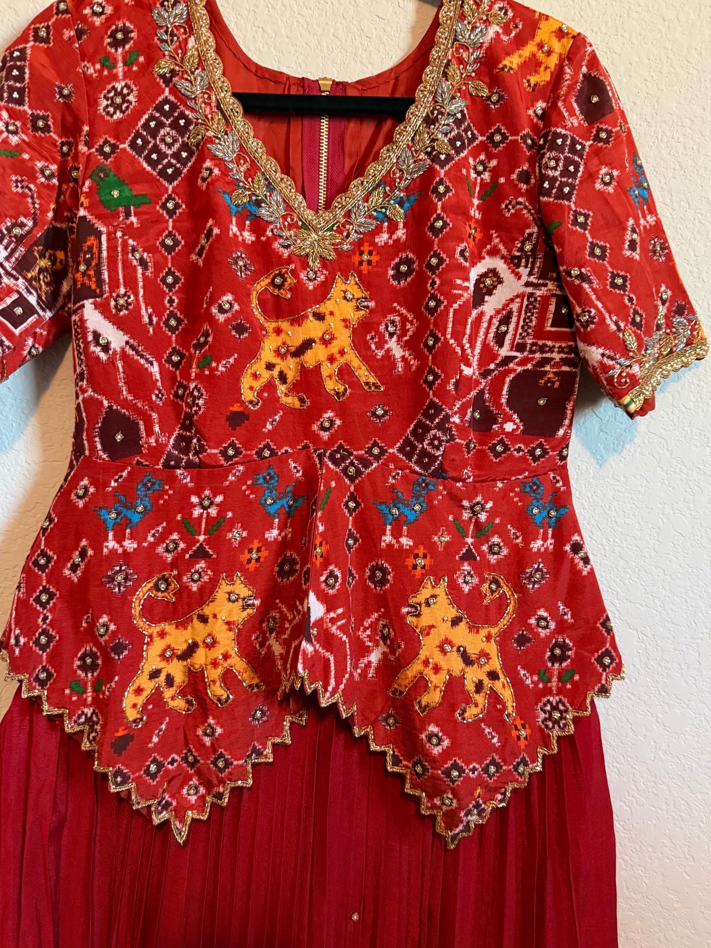 Rust Orange Pure Patola Diamond Cut Pattern Peplum Top with Skirt Set