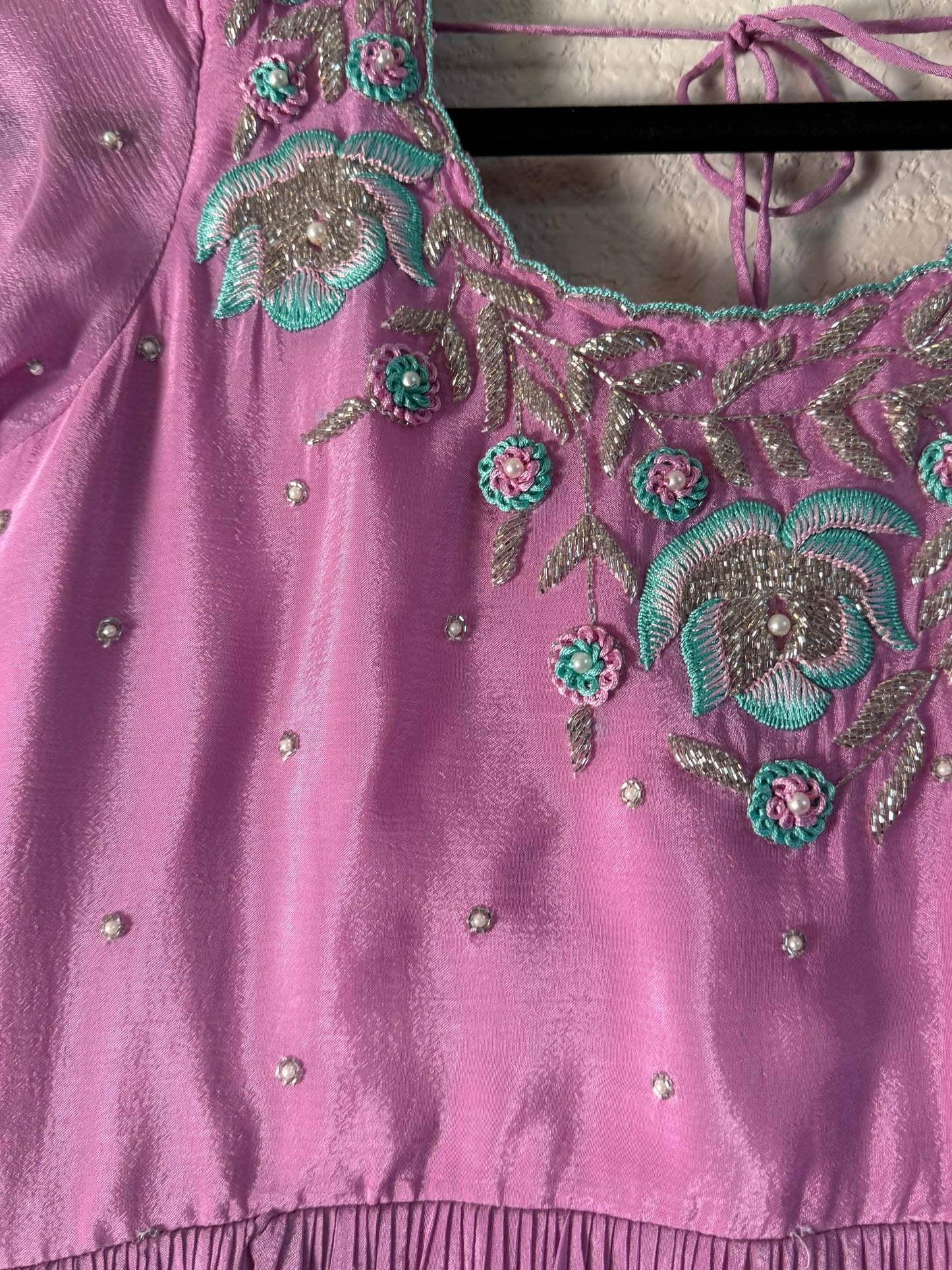 Light Pink with Teal Blue Chinnon Maggam Work Long Dress