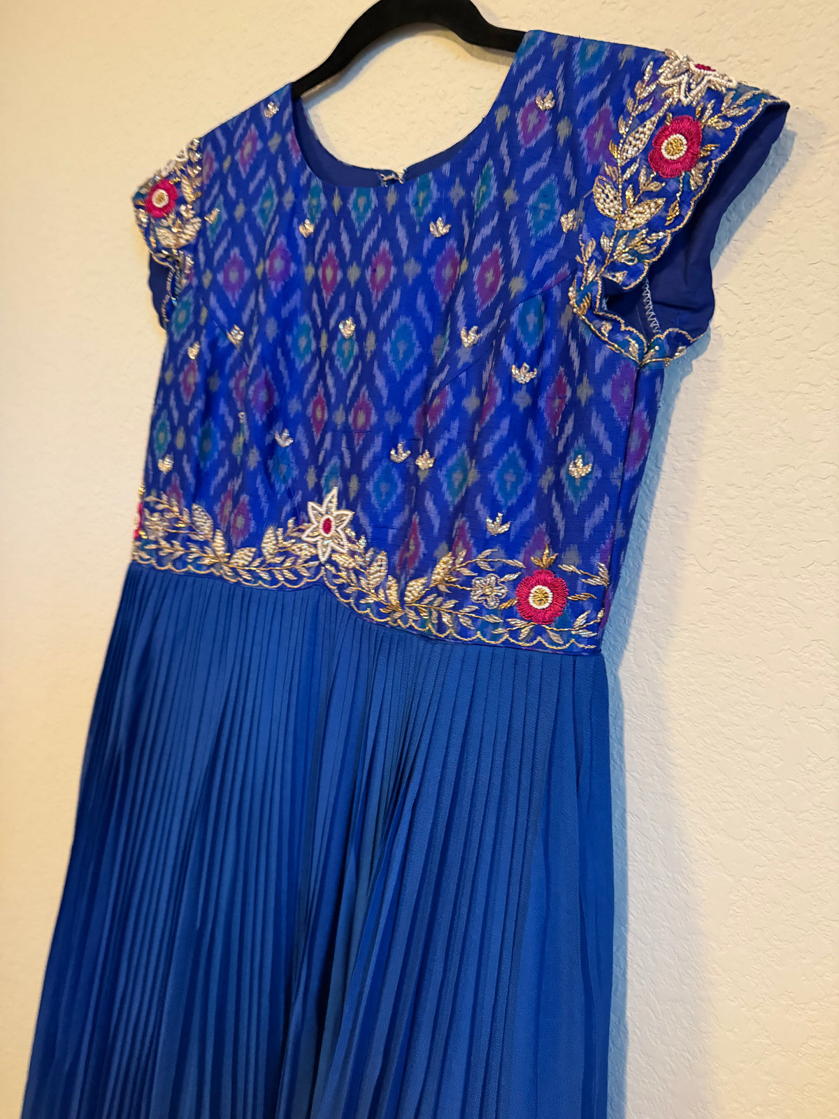 Blue Raw Silk Ikkath Maggam Work Designer Long Dress with Short Sleeve