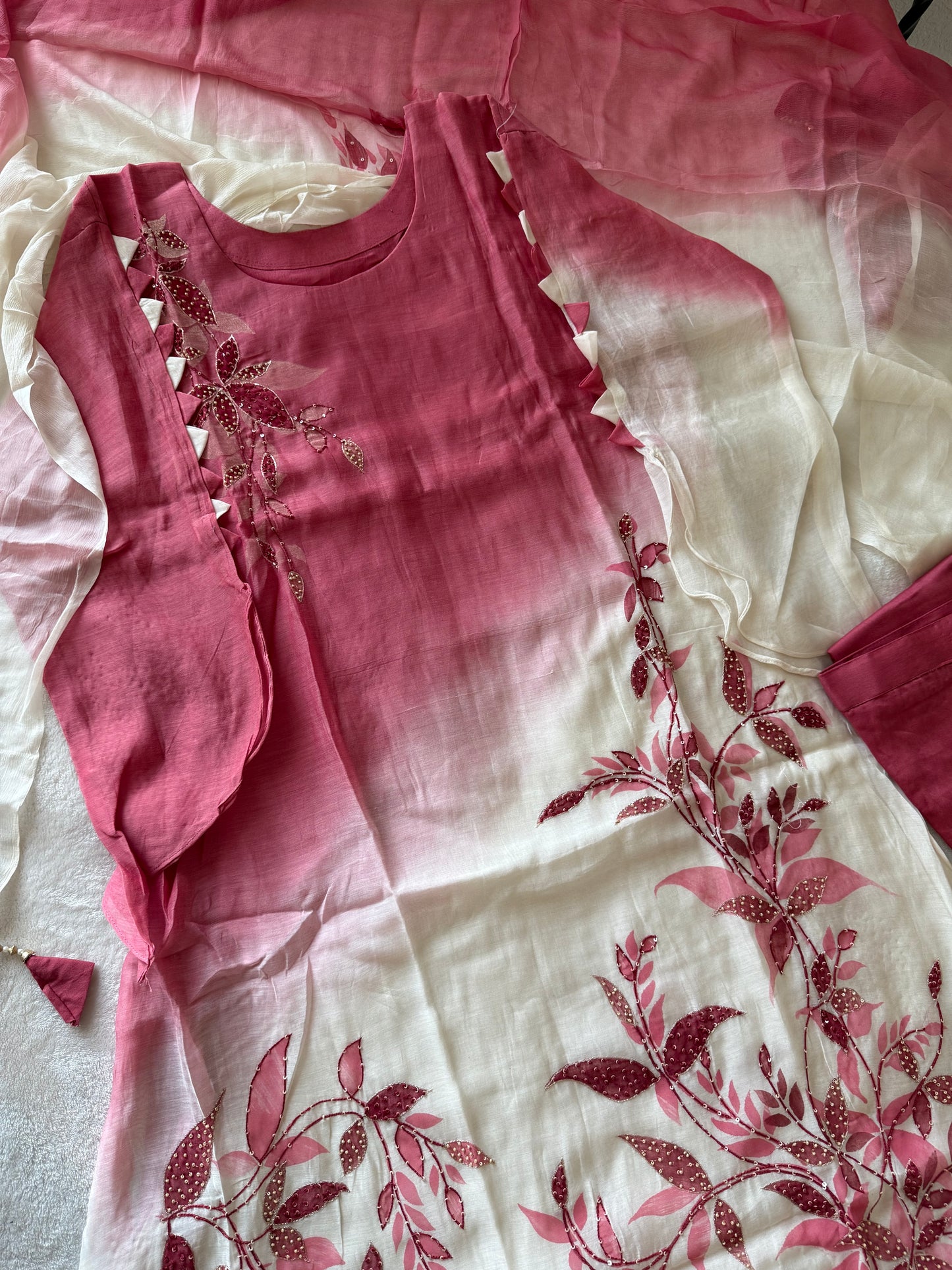 Pure mul chanderi handwork aline suit