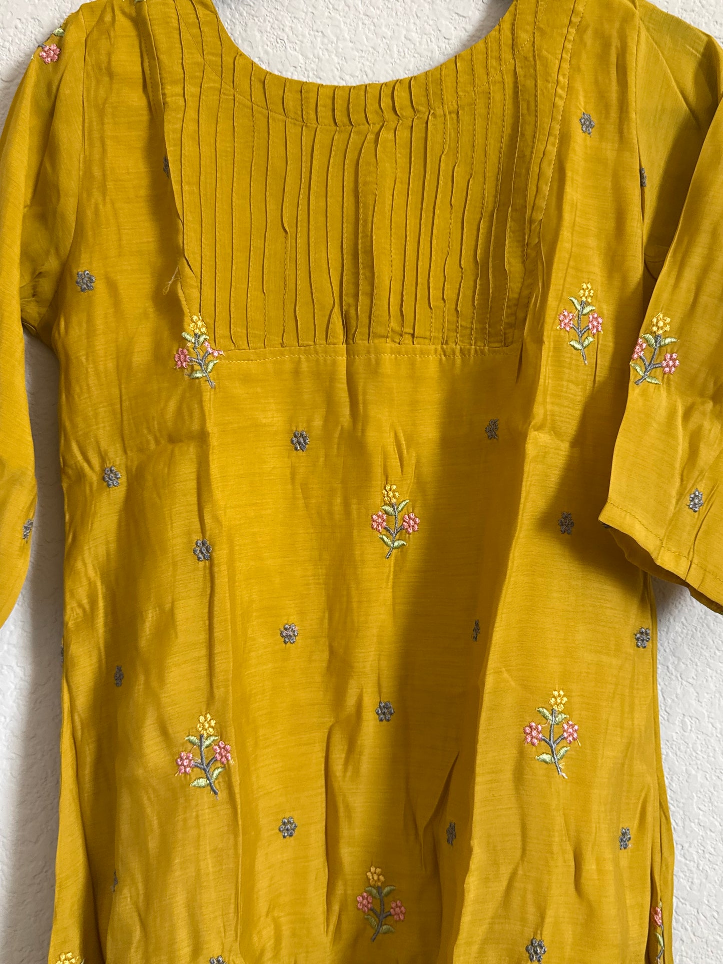 Yellow Floral Embroidered Mul Chanderi A-line Kurti