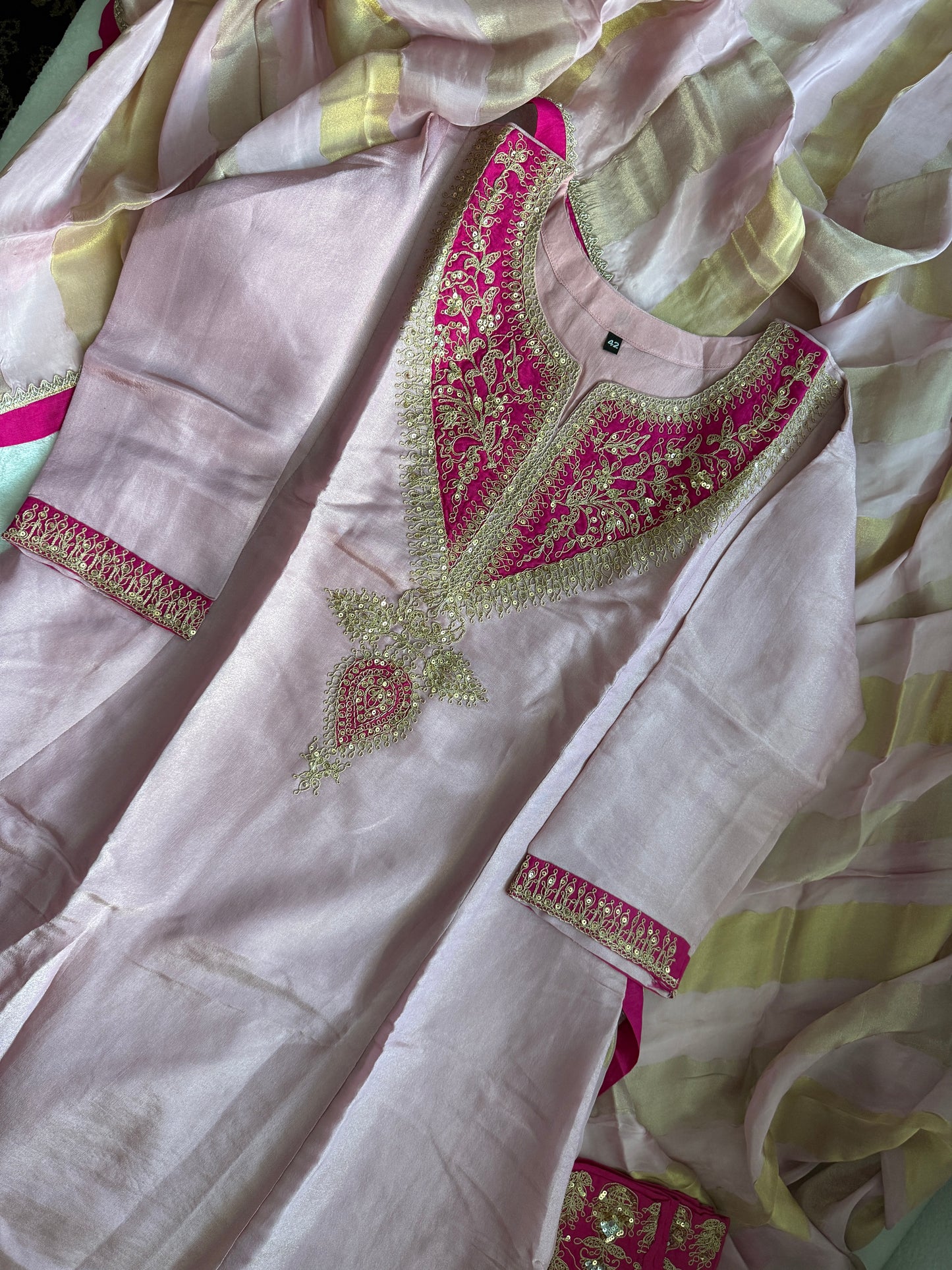Baby pink tissue A-line kurti set with gorgeous tissue dupatta