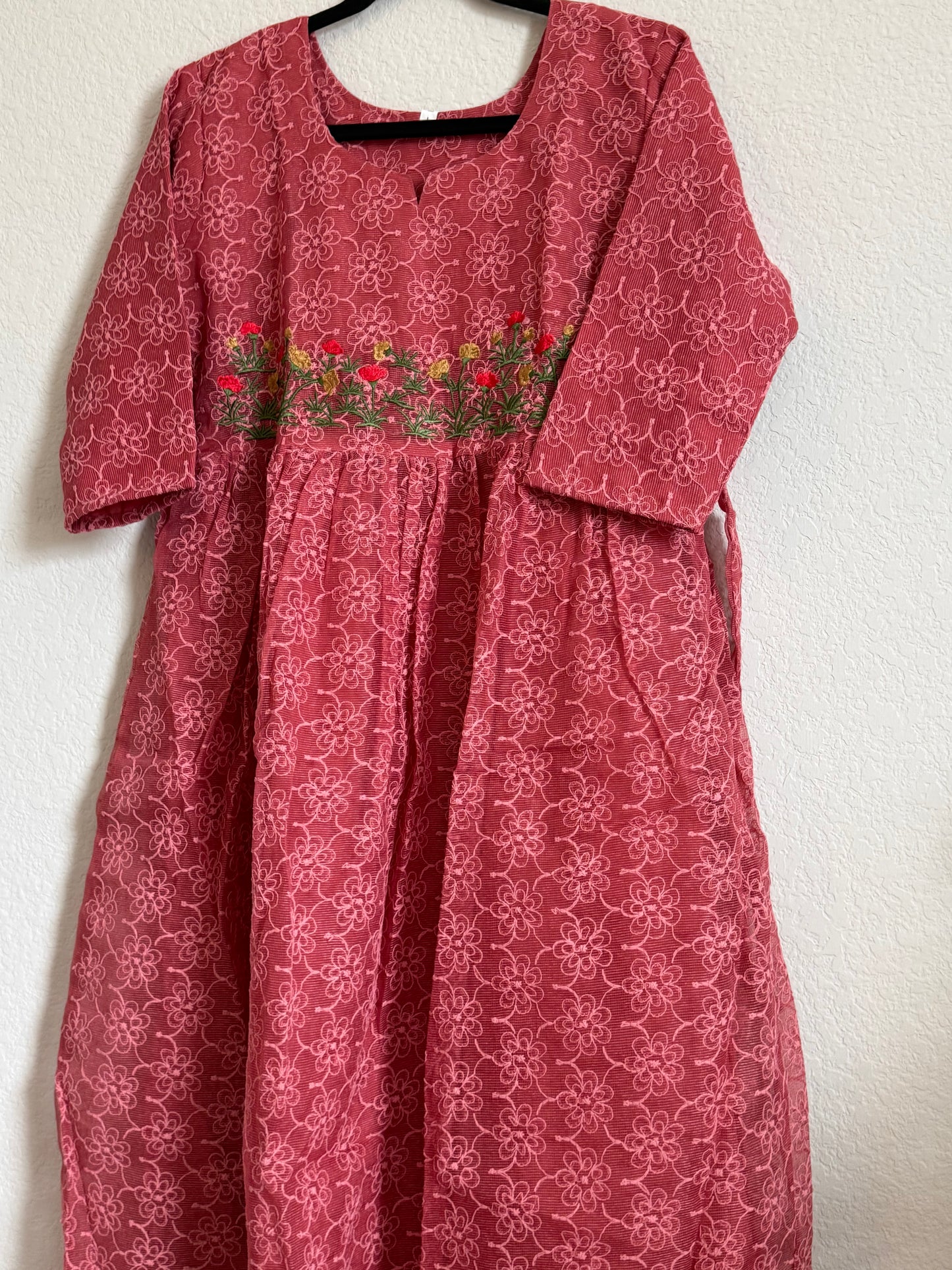 Peach Net Kota Embroidered Frock