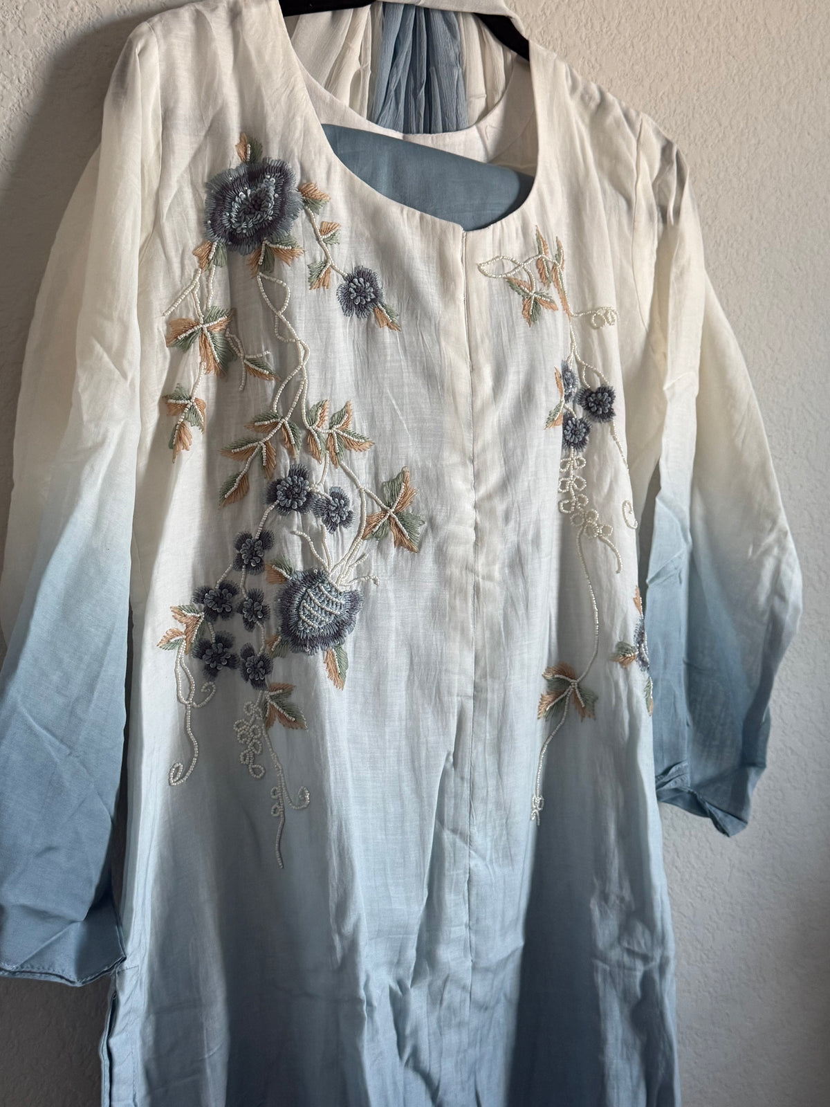Half white and powder blue mul chanderi handwork aline suit