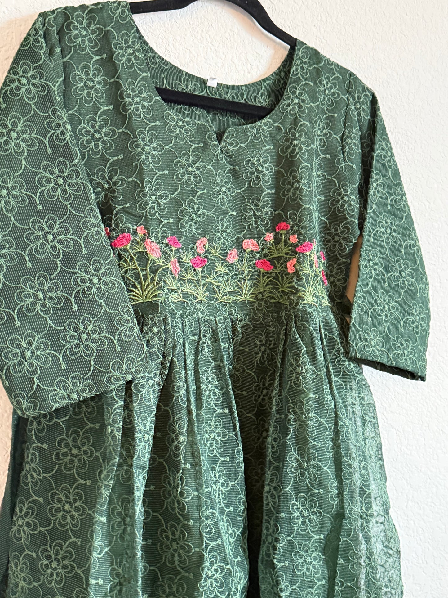 Bottle Green Net Kota Embroidered Frock
