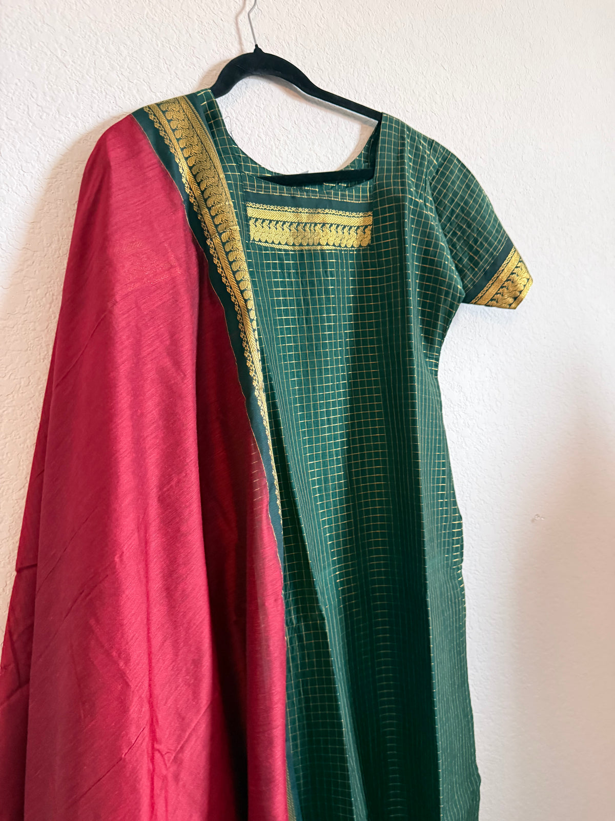 Green with Maroon Handloom Checks Top and Dupatta Set