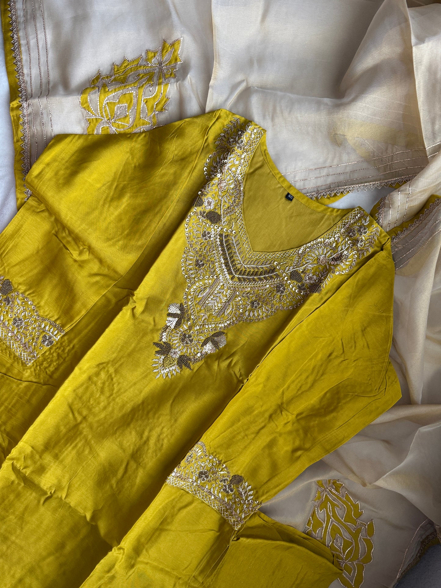 Mehendi green designer handwork straight cut partywear suit set