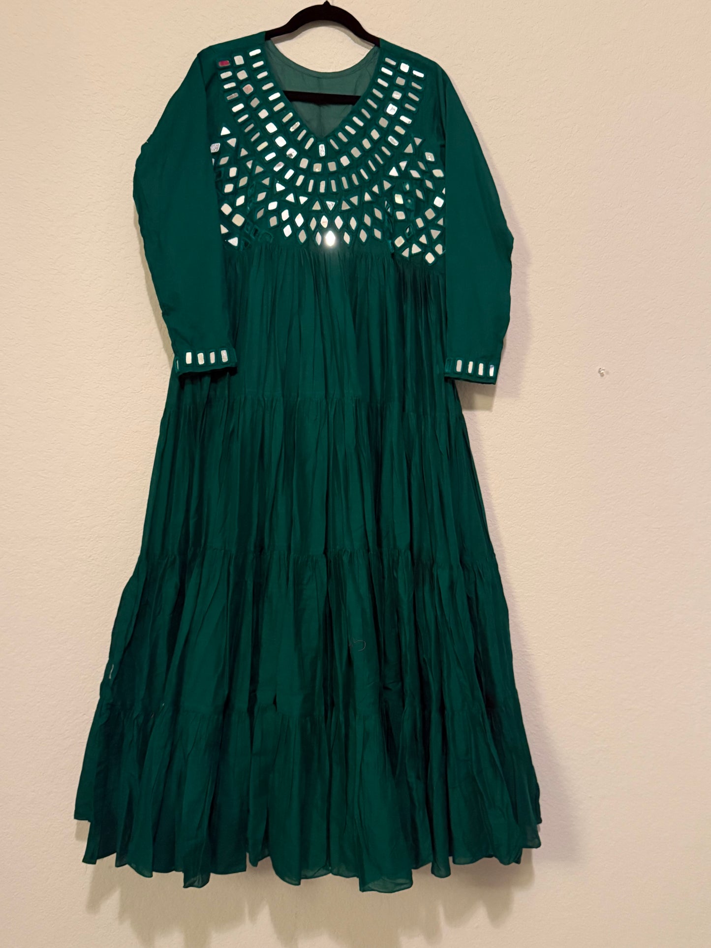 Green Handwork Mirror Work Heavy Flared Anarkali Long Dress