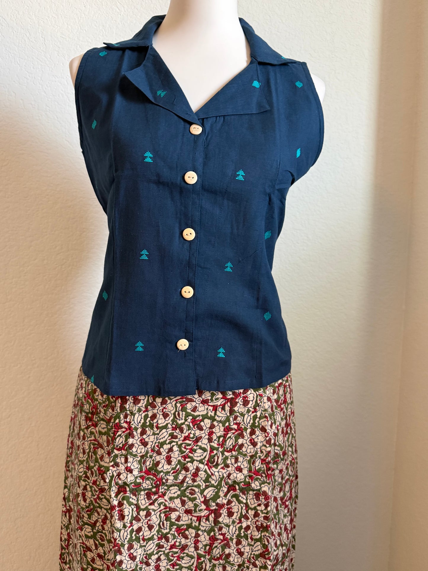 Blue Cotton Top with Kalamkari Long Skirt