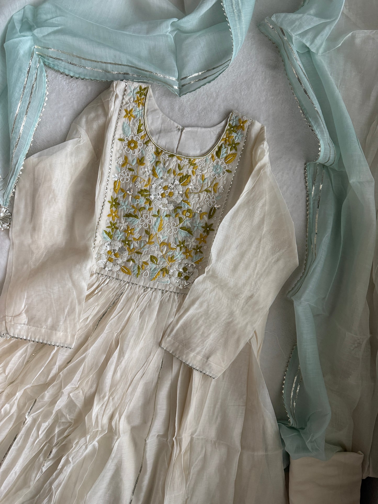 Ivory Mul Chanderi Anarkali Kurti Set – Elegant & Lightweight Festive Wear