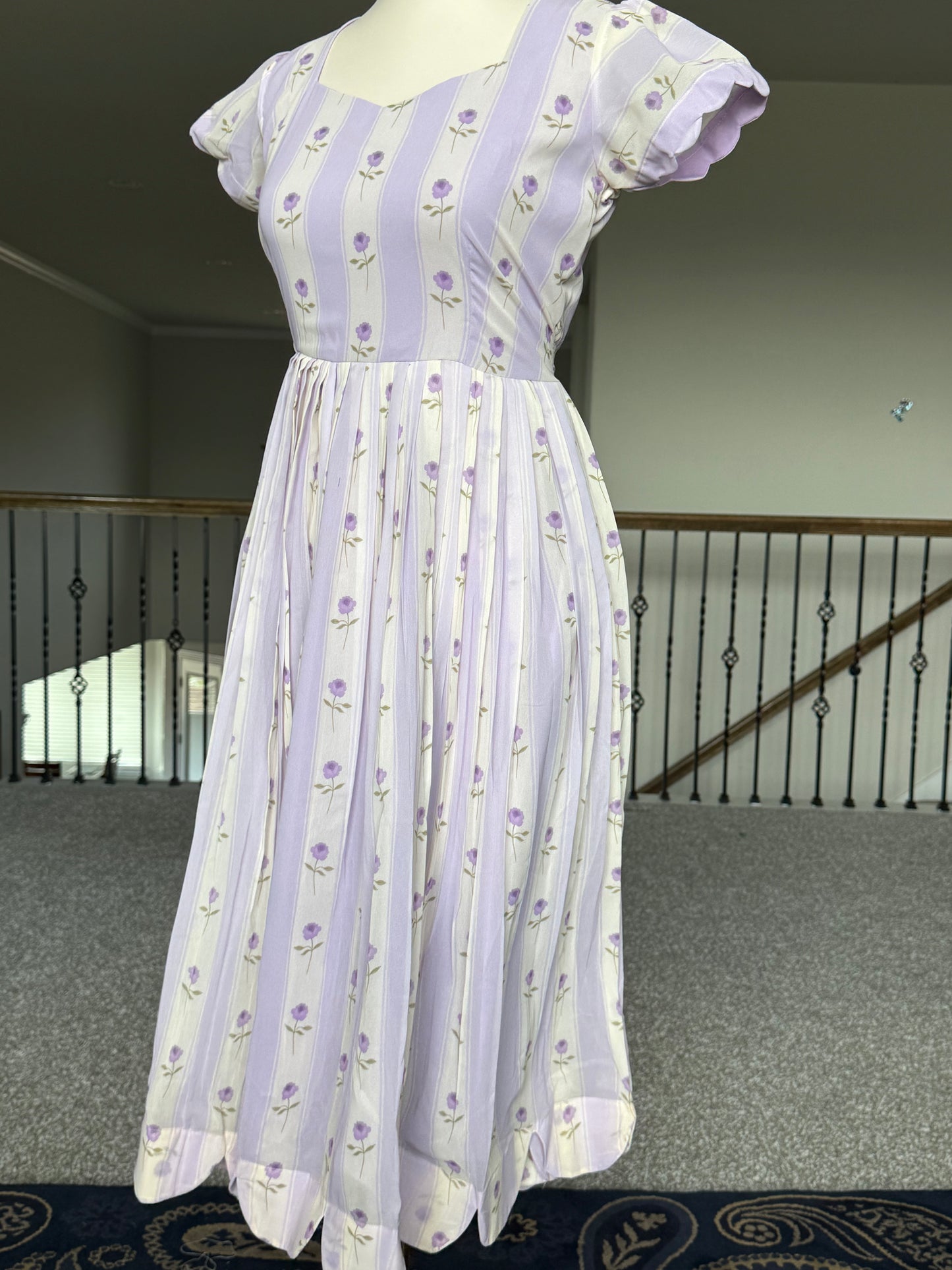 Lavendar Floral Georgette scallop style frock with short scallop sleeve