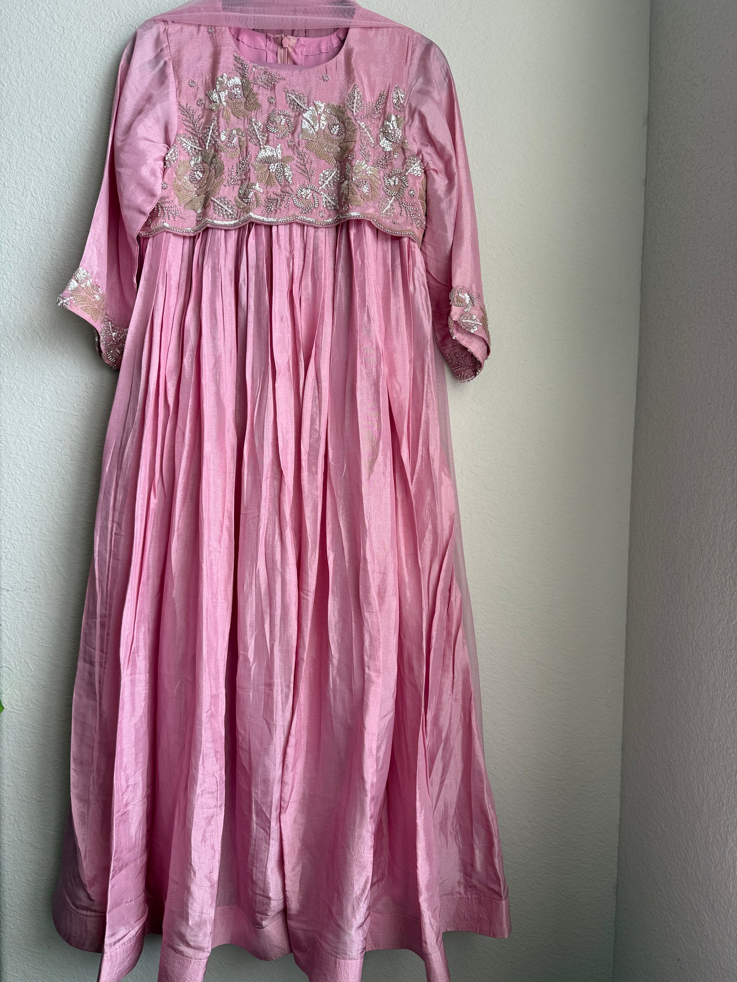 Baby pink uppada silk anarkali set with beautiful yolk detailing