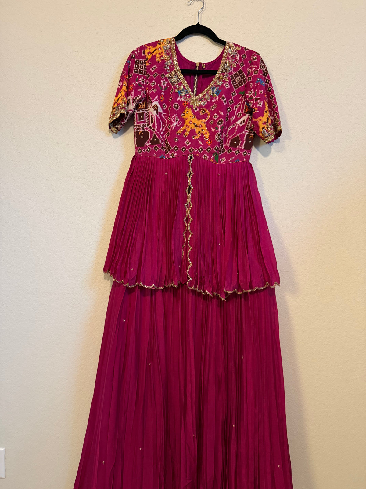 Magenta Orange Pure Patola Peplum Top with Skirt Set