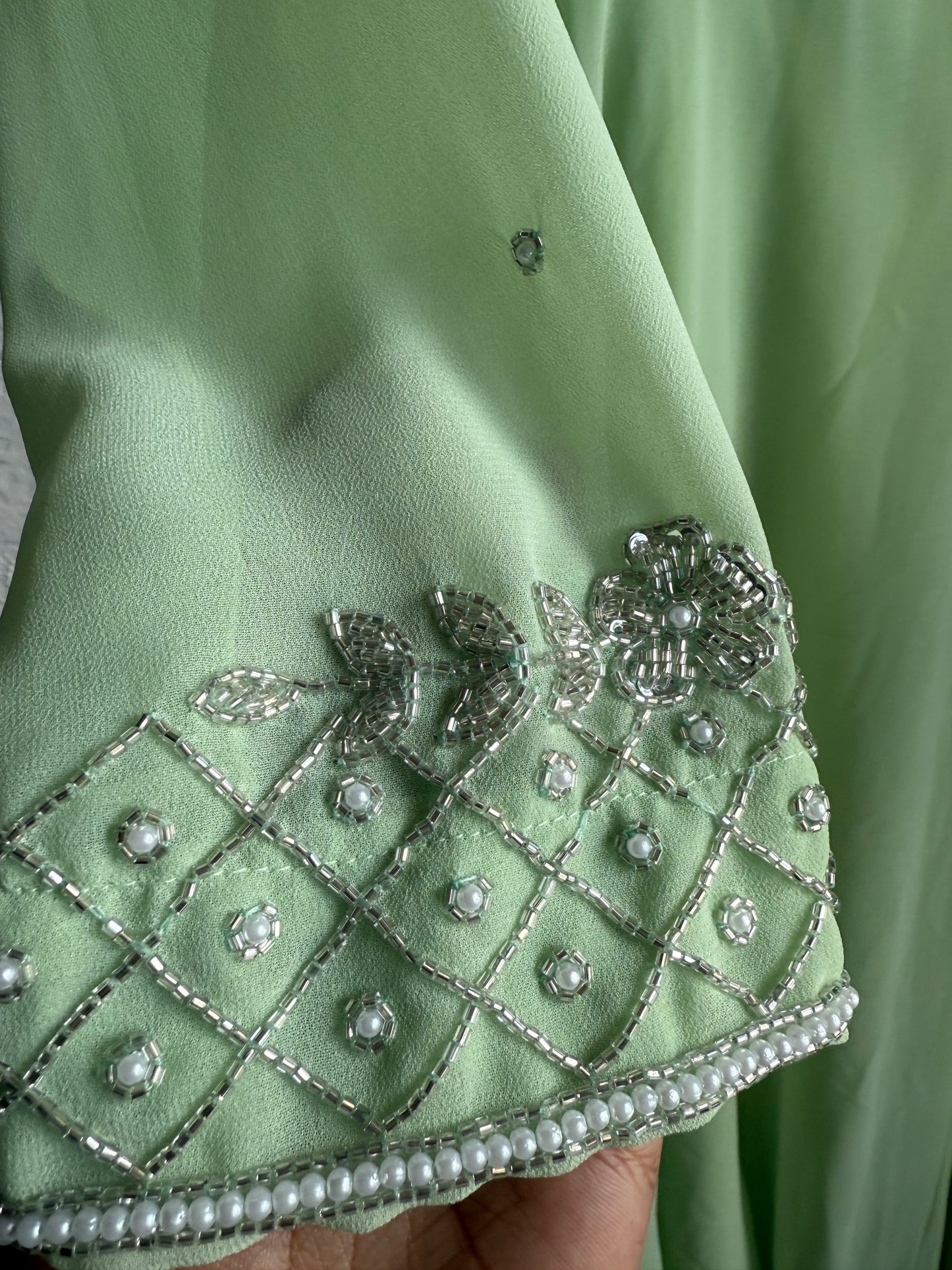 Pista green maggam work georgette heavy flare anarkali tunic