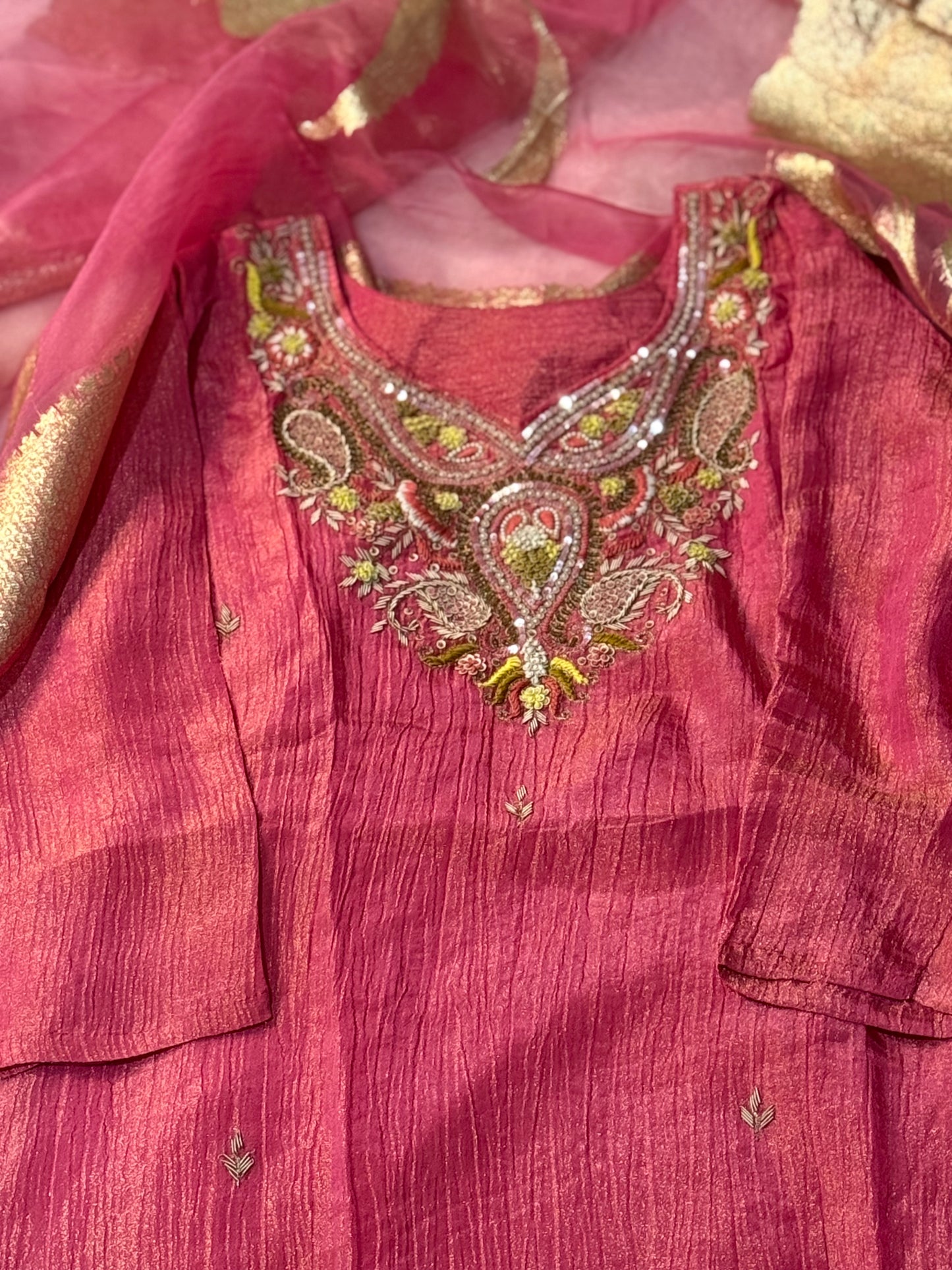 Pink shade crush tissue A-line kurti set with gorgeous banarasi dupatta