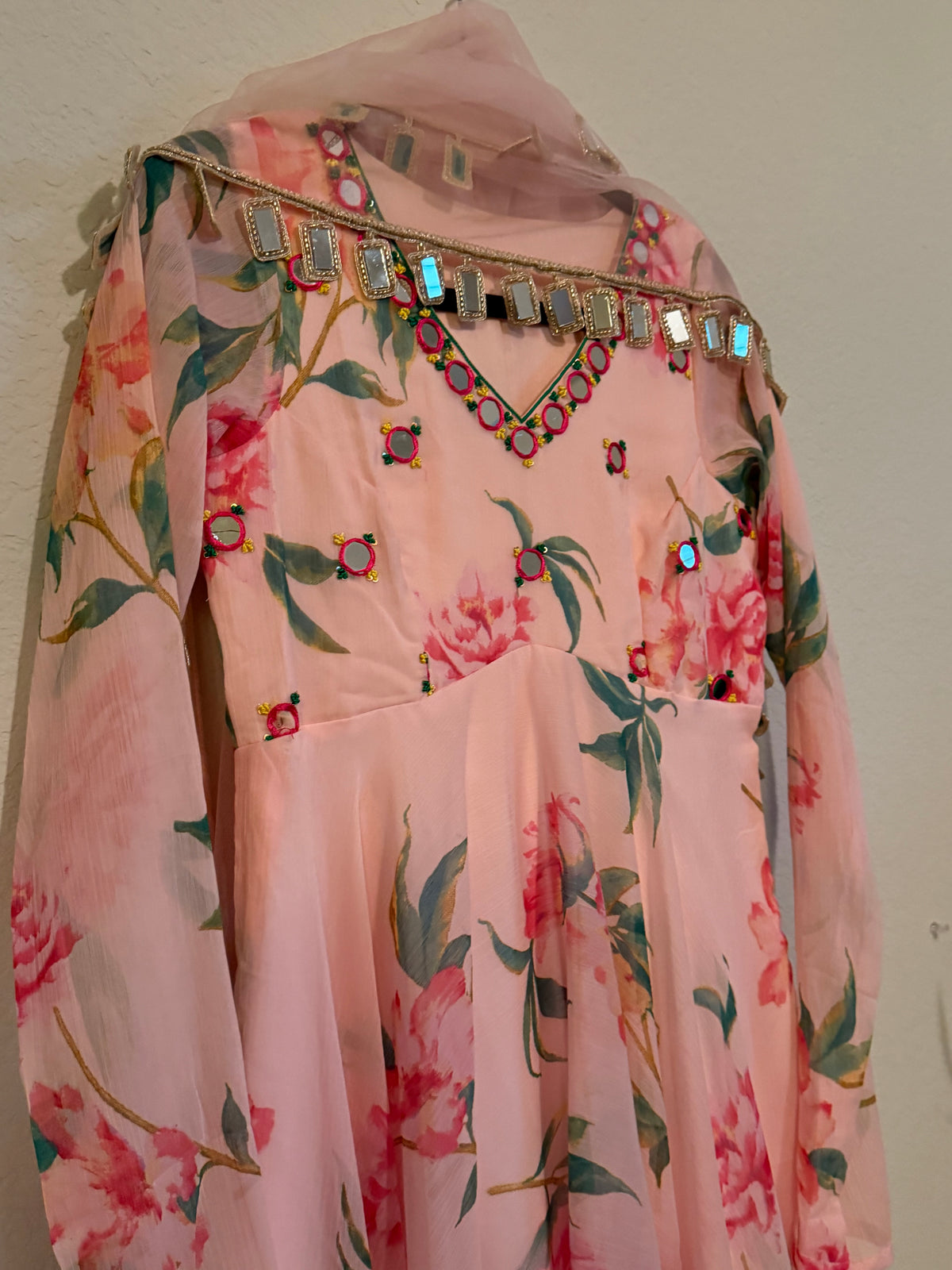 Peachish Pink Shade Soft Georgette Heavy Flared Floral Mirror Work Anarkali Set - Top and Dupatta