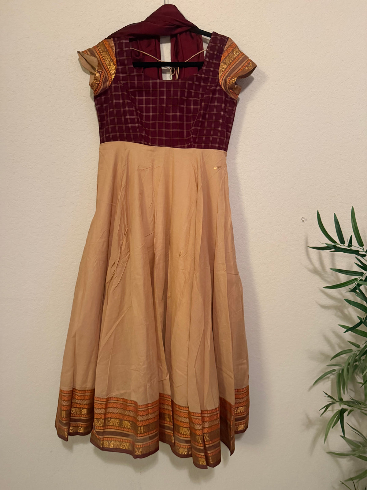 Premium Cream and Maroon Cotton Traditional Anarkali Set - Top and Dupatta