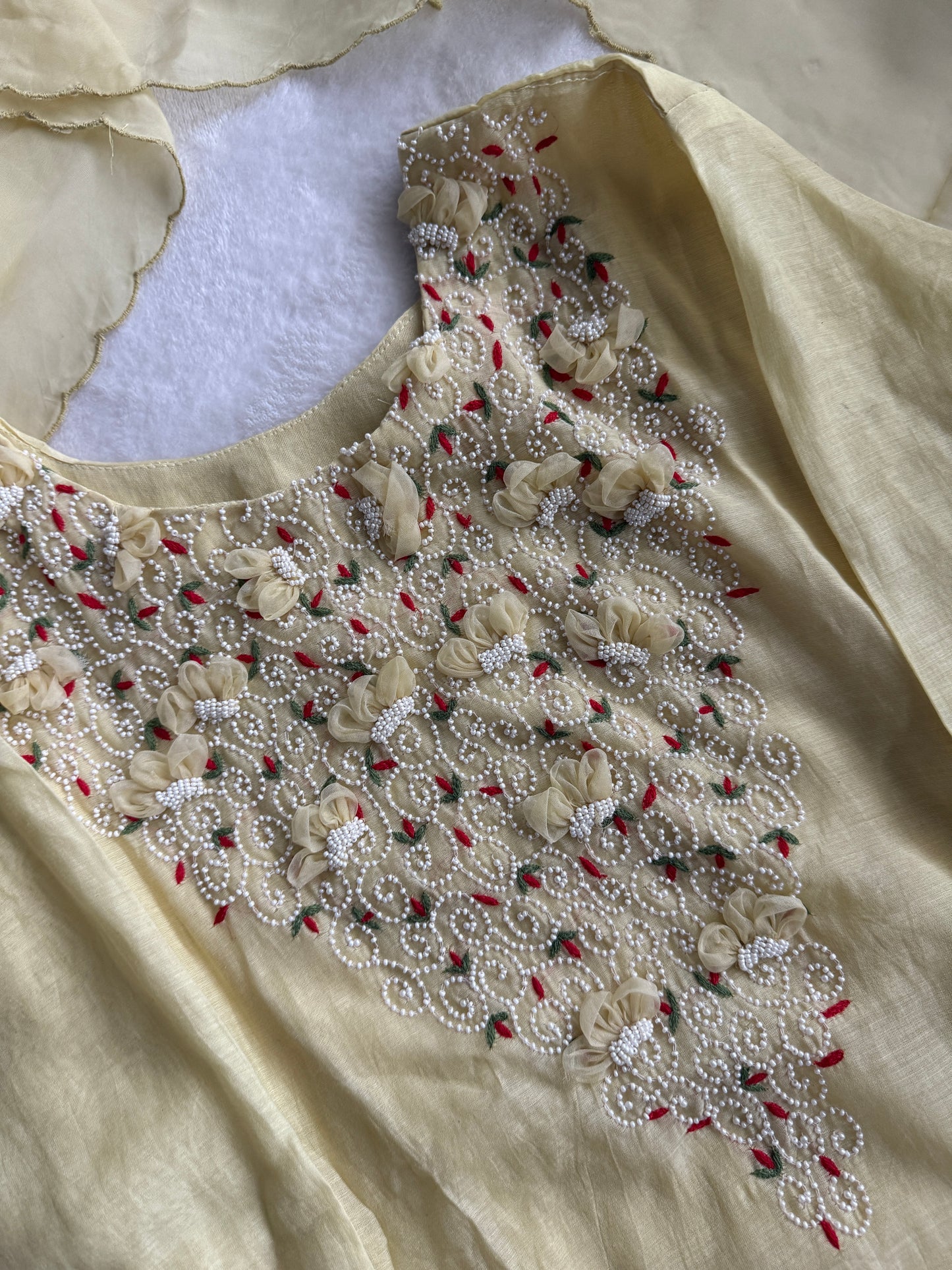 Pastel Yellow Mul Chanderi Kurti Set with Pearl Work and Organza Dupatta – Festive Indian Designer Suit