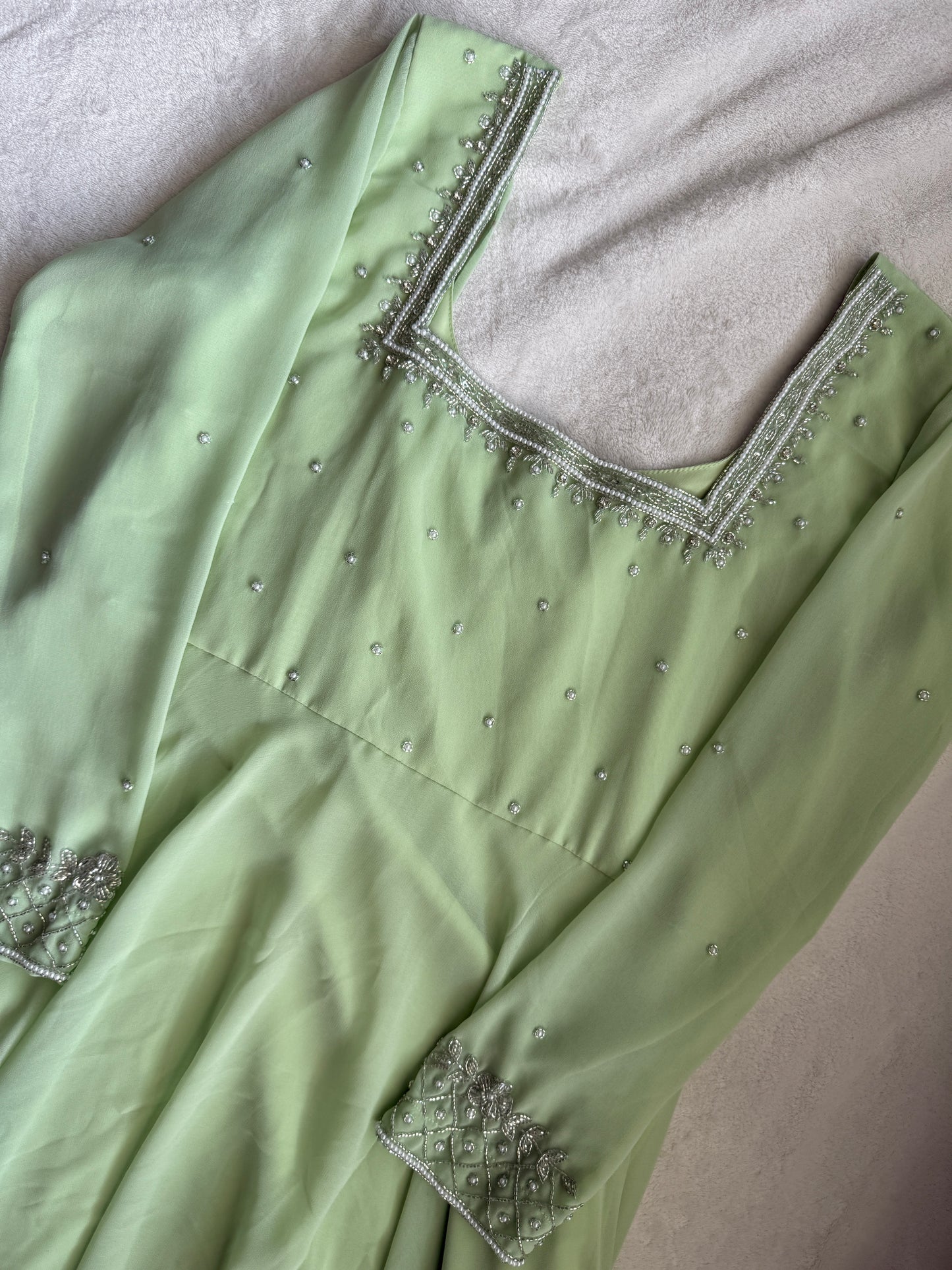 Pista green maggam work georgette heavy flare anarkali tunic