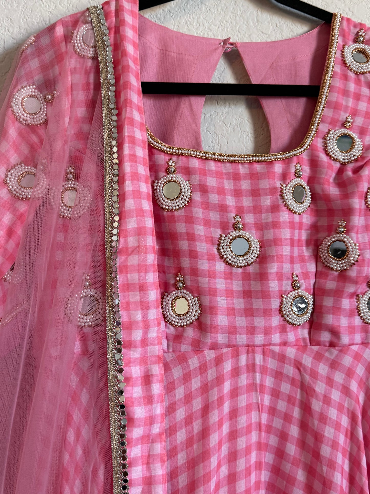 Light Pink checks heavy mirror work anarkali set - top with dupatta