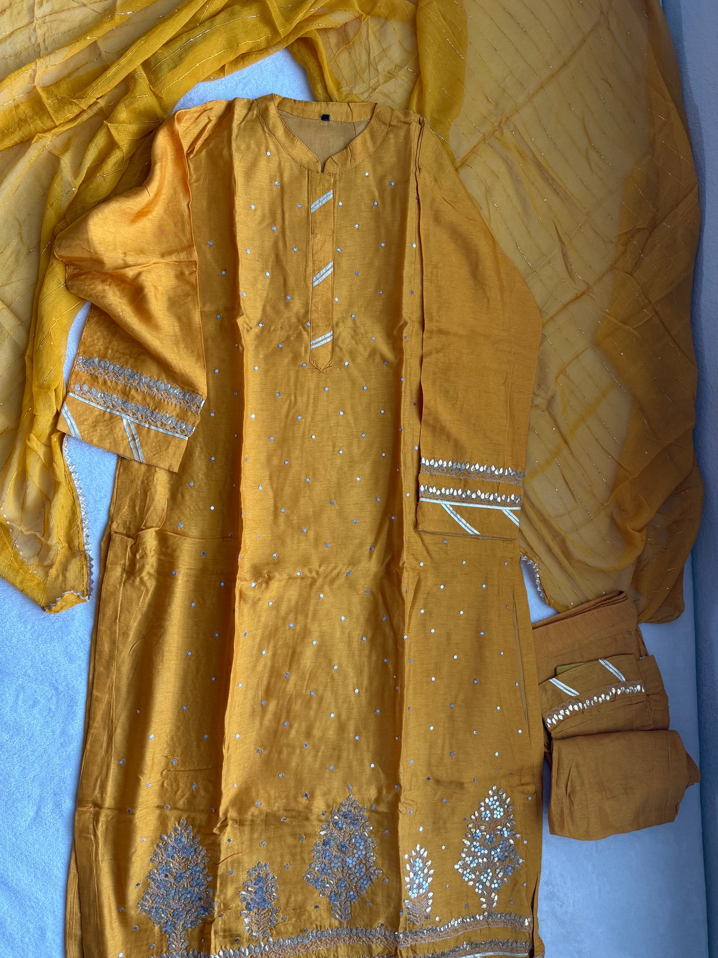 Beautiful dola silk mirror work yellow kurti set