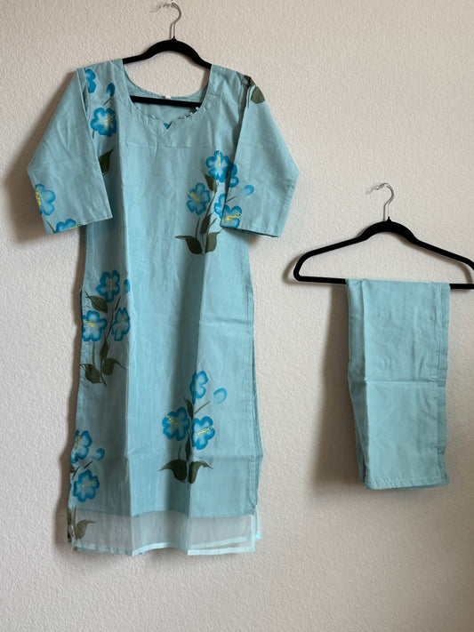 Blue Organza Handpainted Coord Set