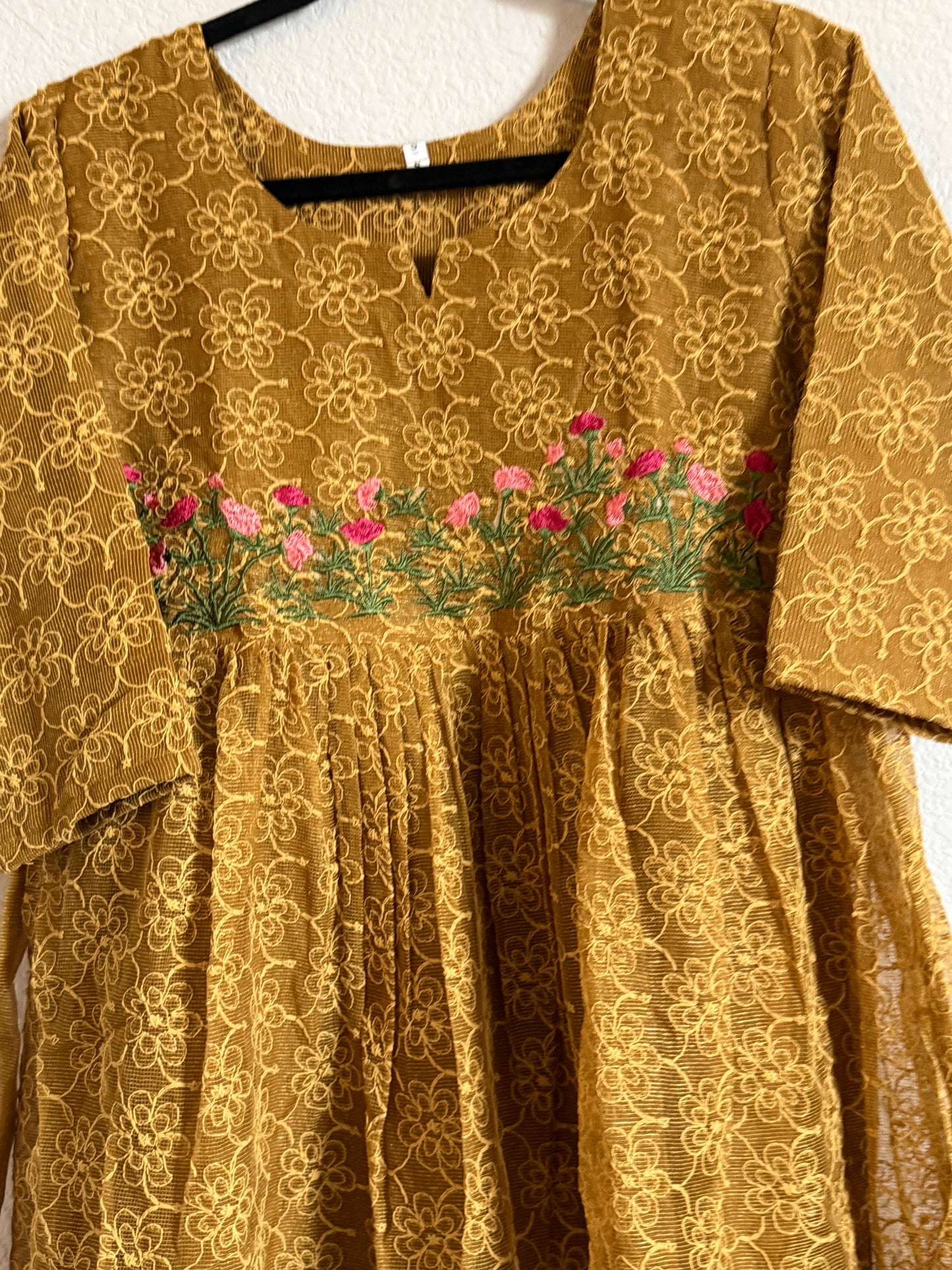 Mustard Yellow Net Kota Embroidered Frock