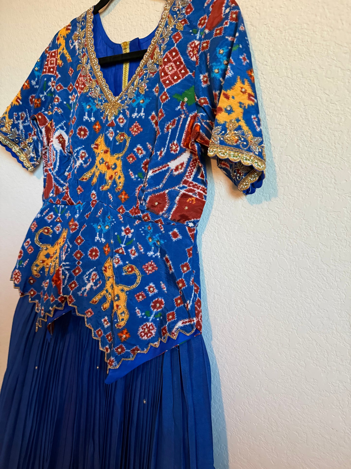 Blue Pure Patola Diamond Cut Pattern Peplum Top with Skirt Set