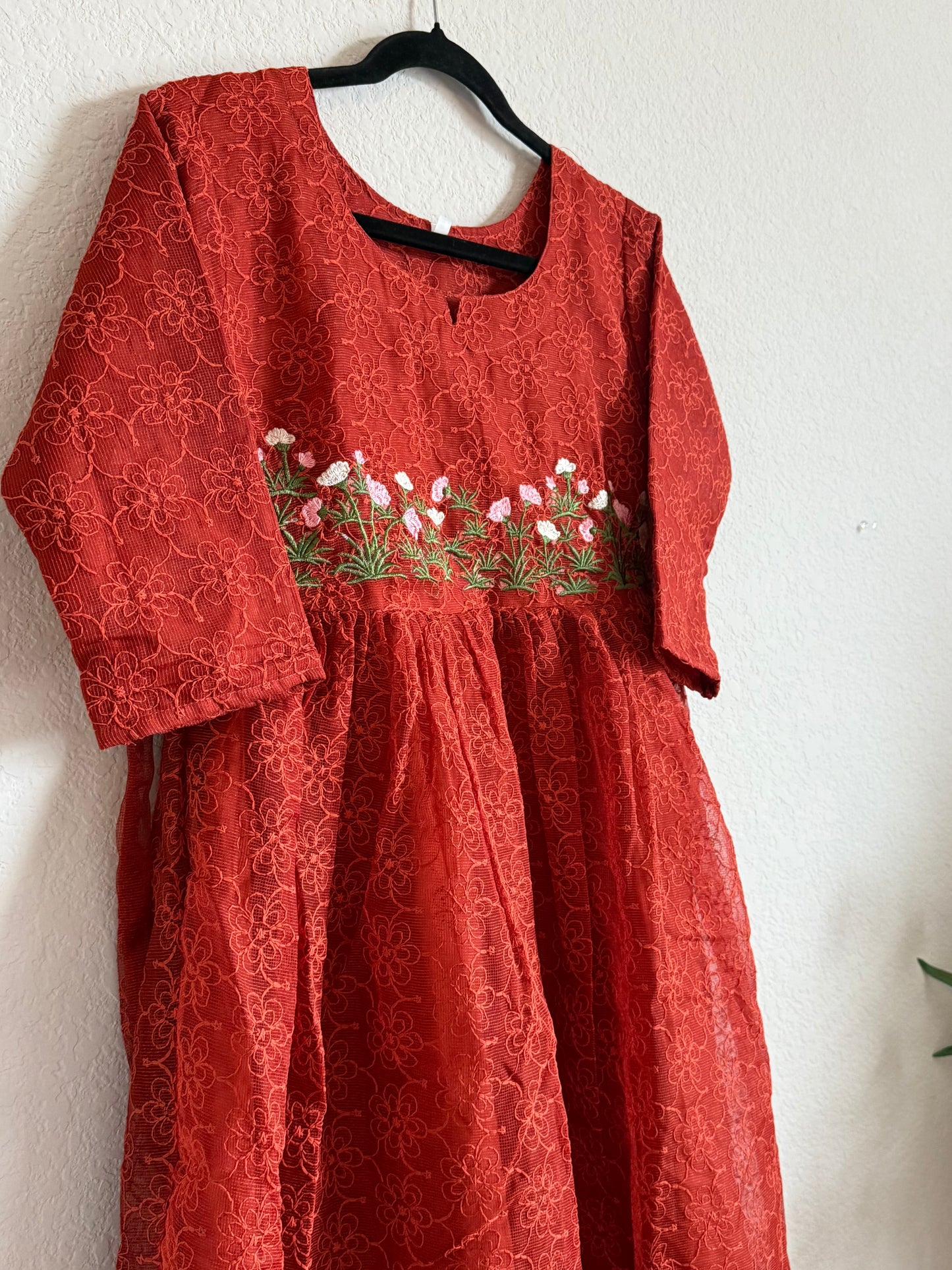 Rust Orange Net Kota Embroidered Frock