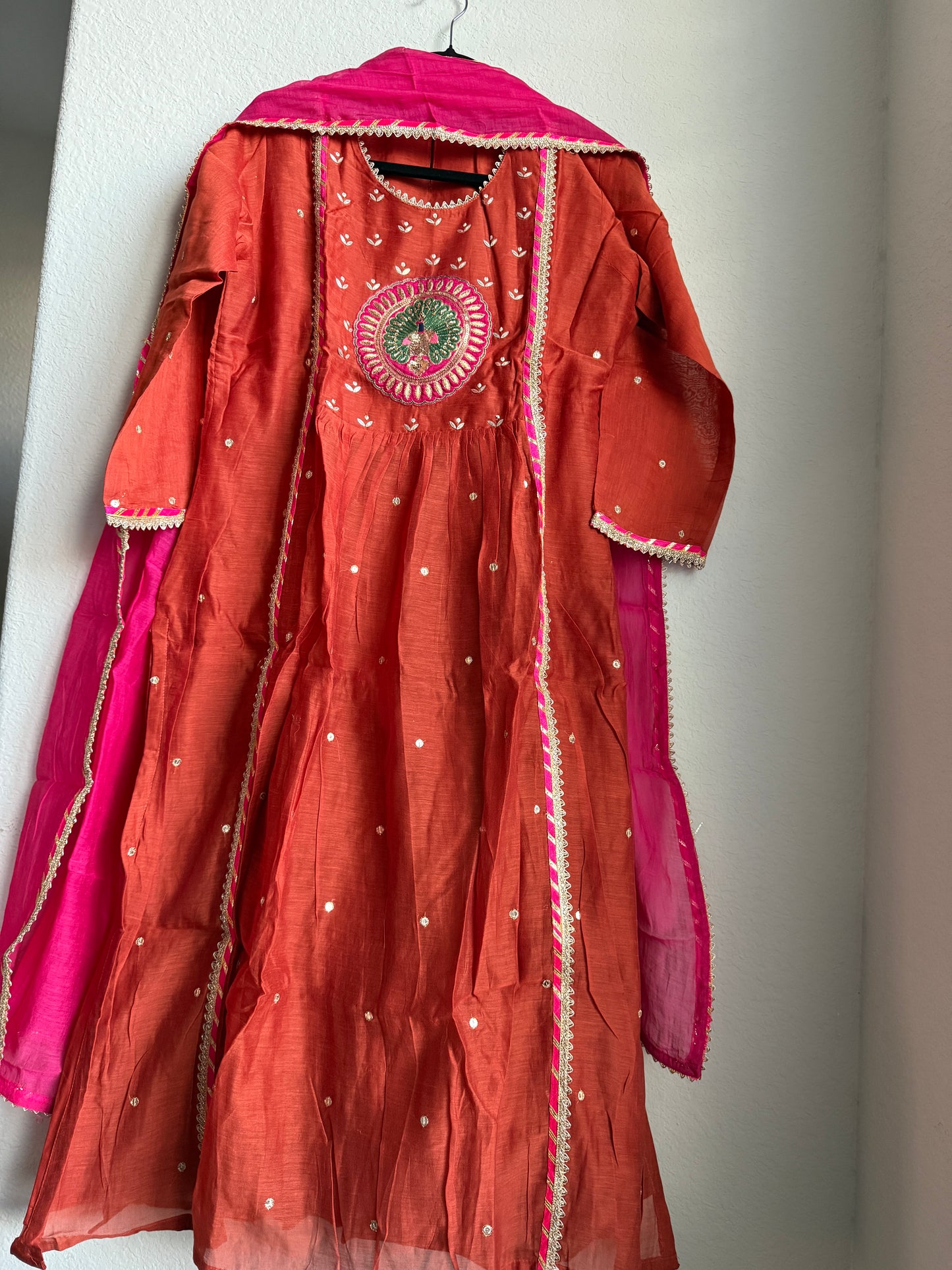 Rust orange pure mul chanderi suit set