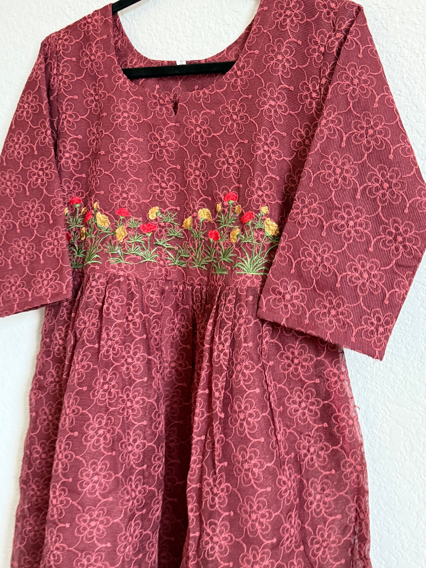 Wine Net Kota Embroidered Frock