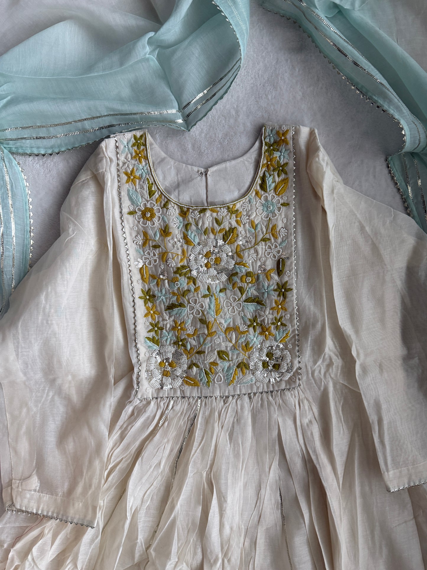 Ivory Mul Chanderi Anarkali Kurti Set – Elegant & Lightweight Festive Wear