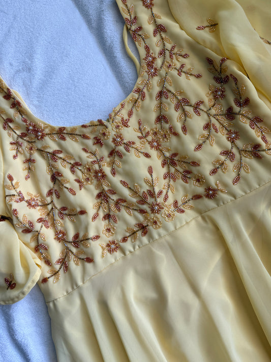Yellow maggam work georgette heavy flare anarkali tunic