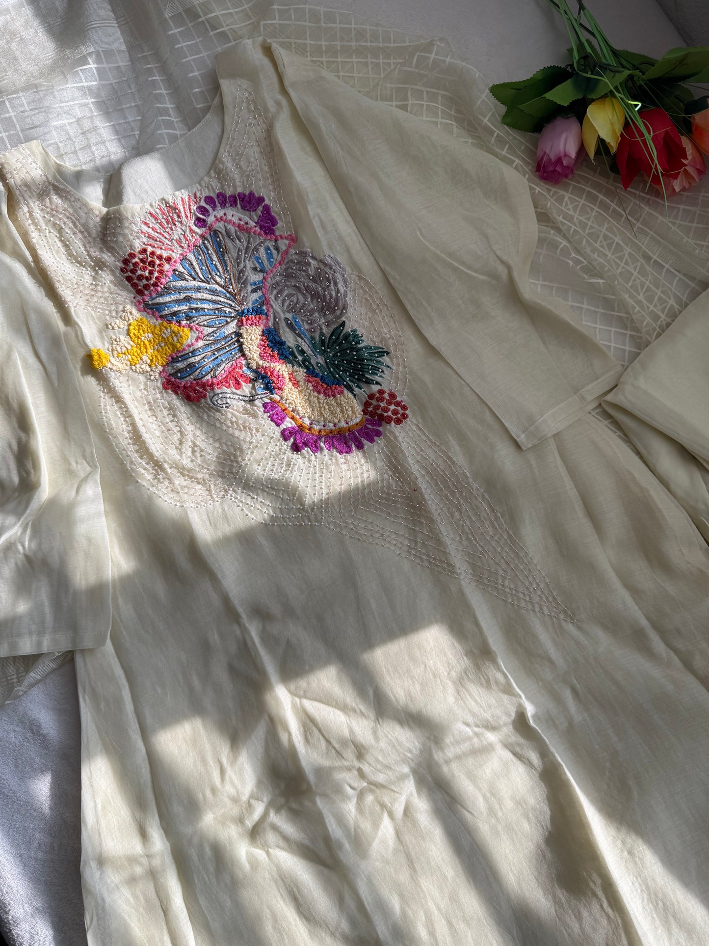 Pure mul chanderi ivory shade designer suit
