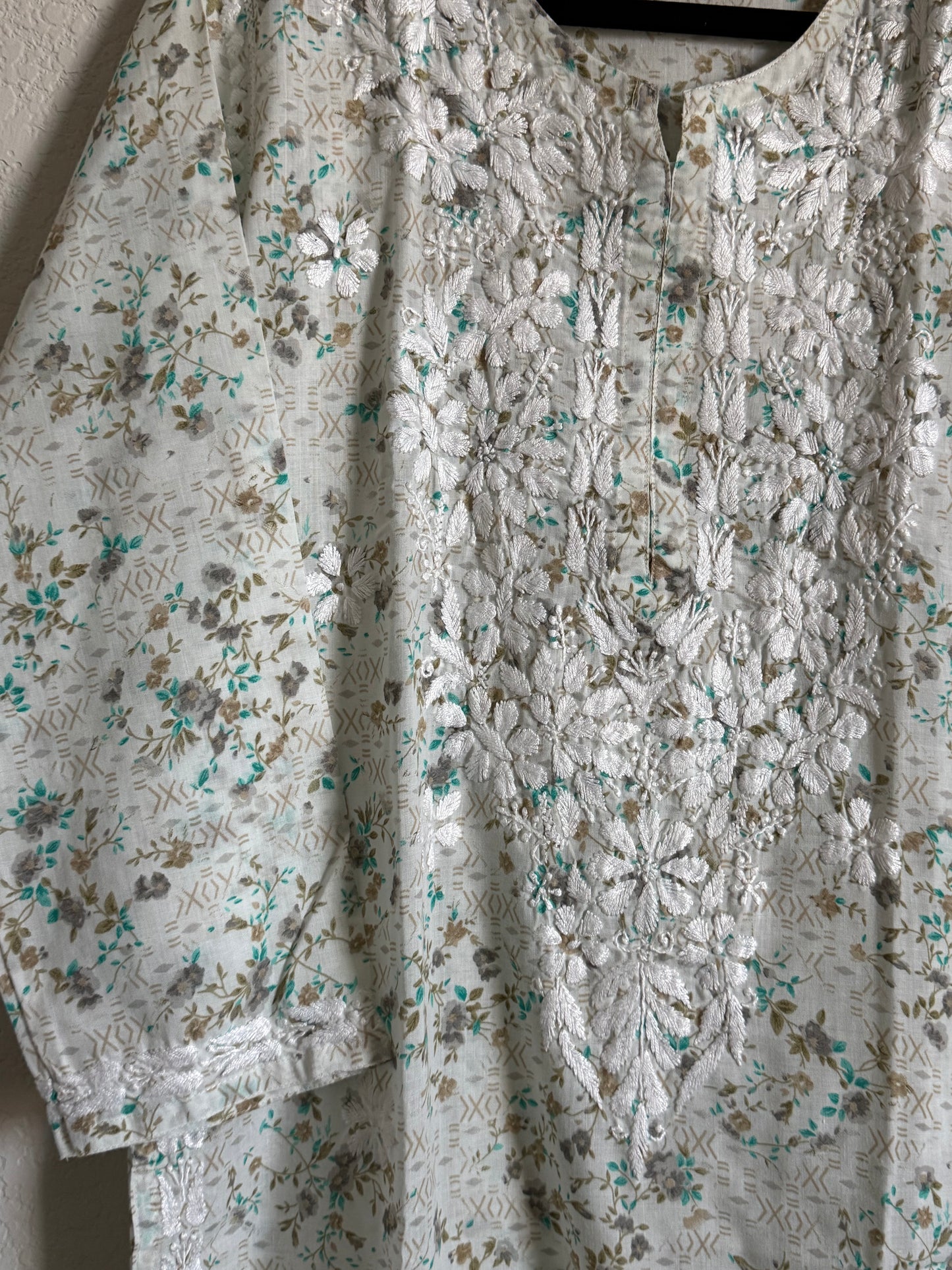 Green Floral Printed Cotton Chikankari Coord Set - Top with Palazzo