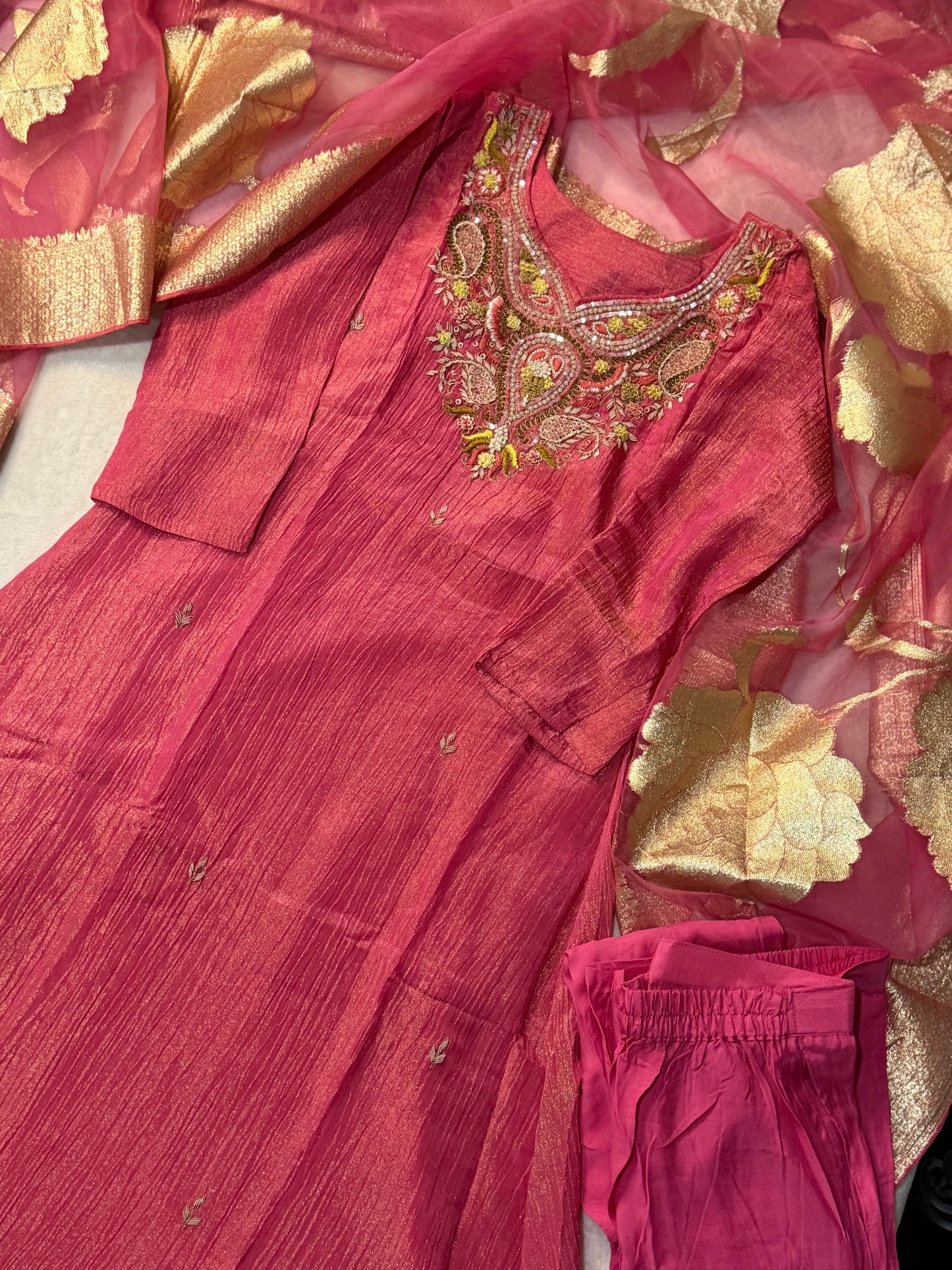 Pink shade crush tissue A-line kurti set with gorgeous banarasi dupatta