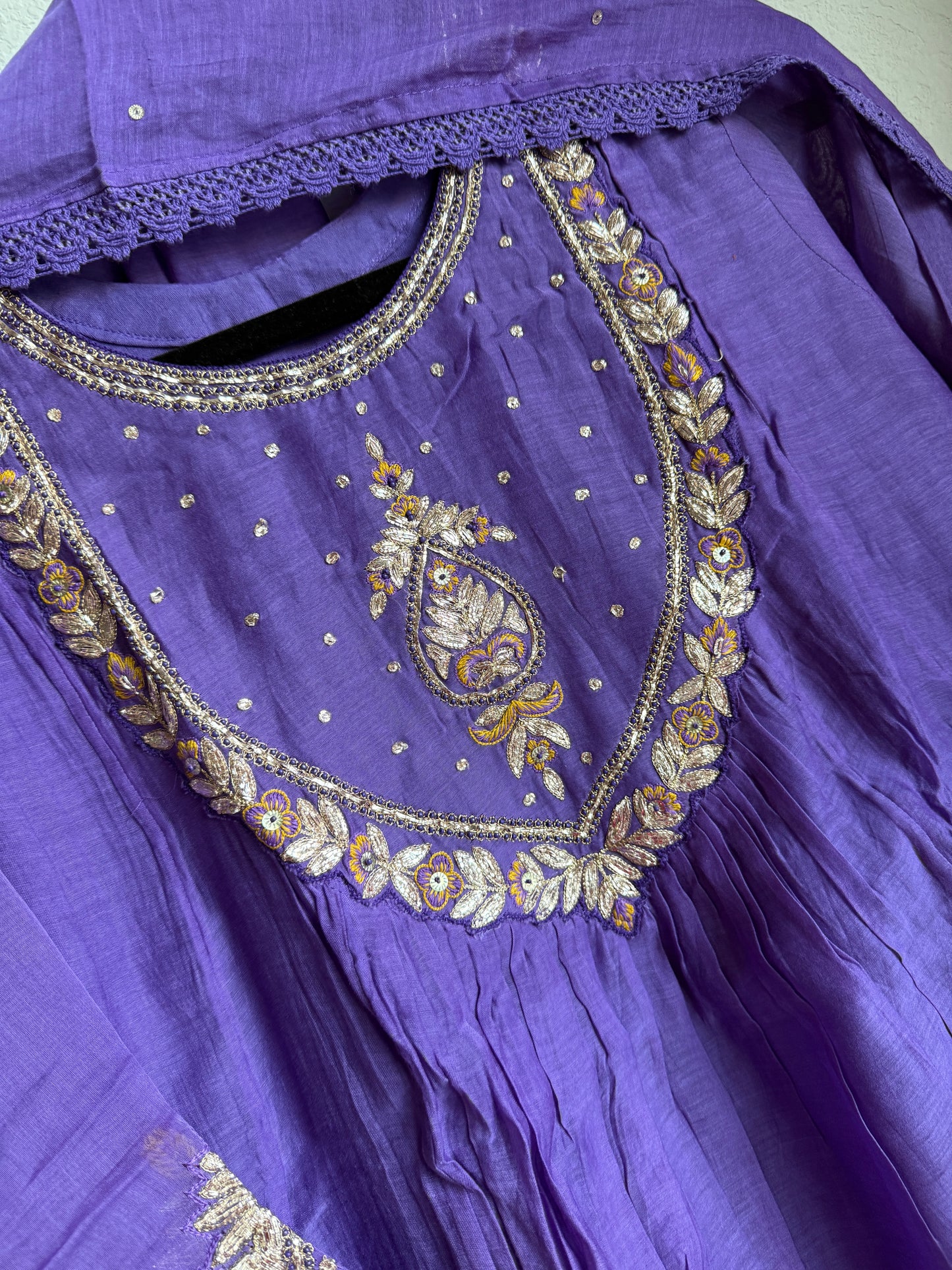 Purple mul chanderi designer A-line kurti set