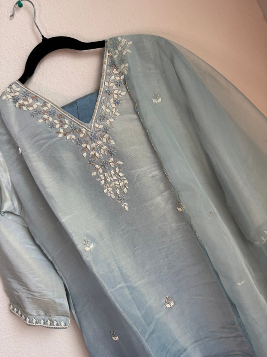 Sea blue pure tissue handwork butties A-line suit set