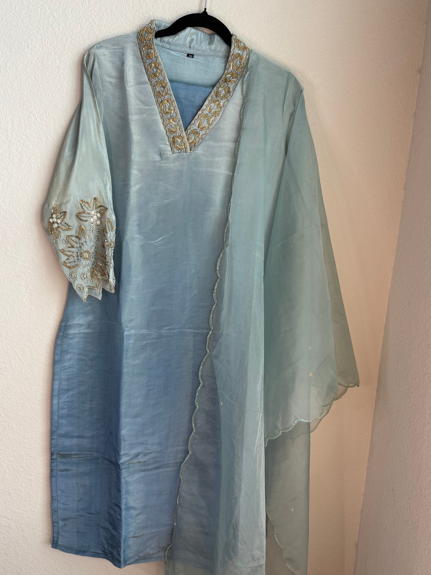 Sea blue pure tissue handwork A-line suit set with a beatiful sleeve detailing