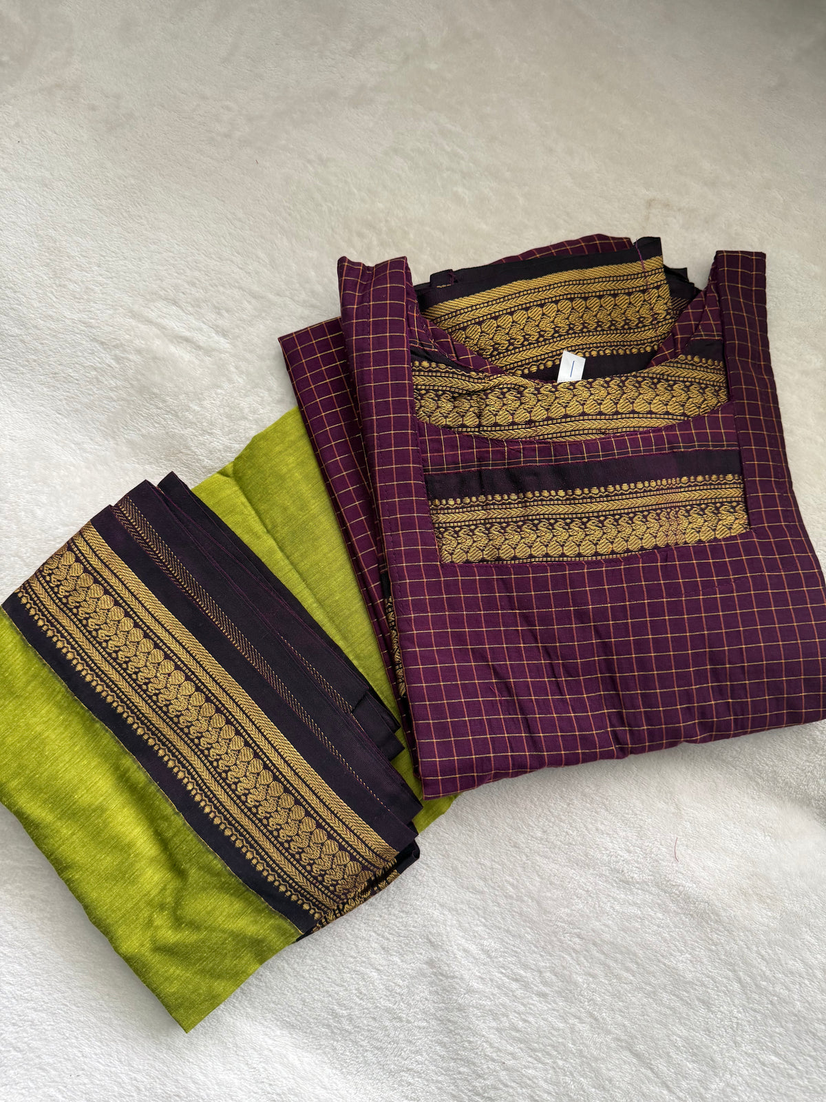 Magenta with Parrot Green Handloom Checks Top and Dupatta Set