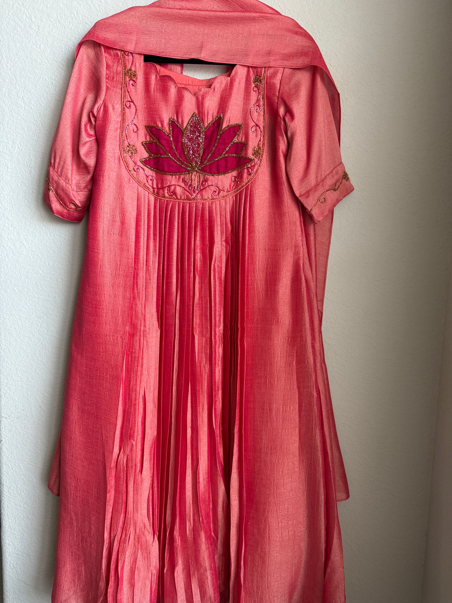 Peach shade lotus handwork customized anarkali set