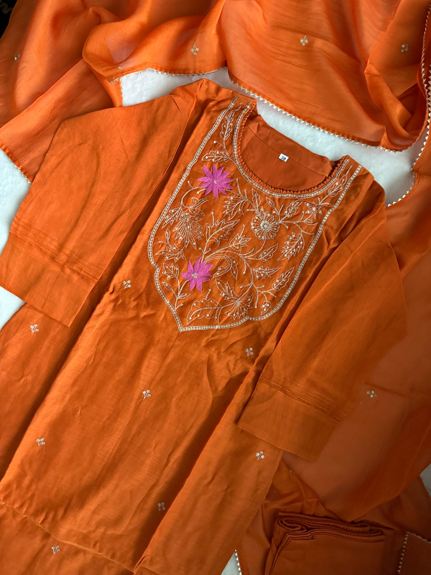 Rust Orange Mul Chanderi Straight Cut Kurti Set with Dupatta – Elegant Party & Festive Wear